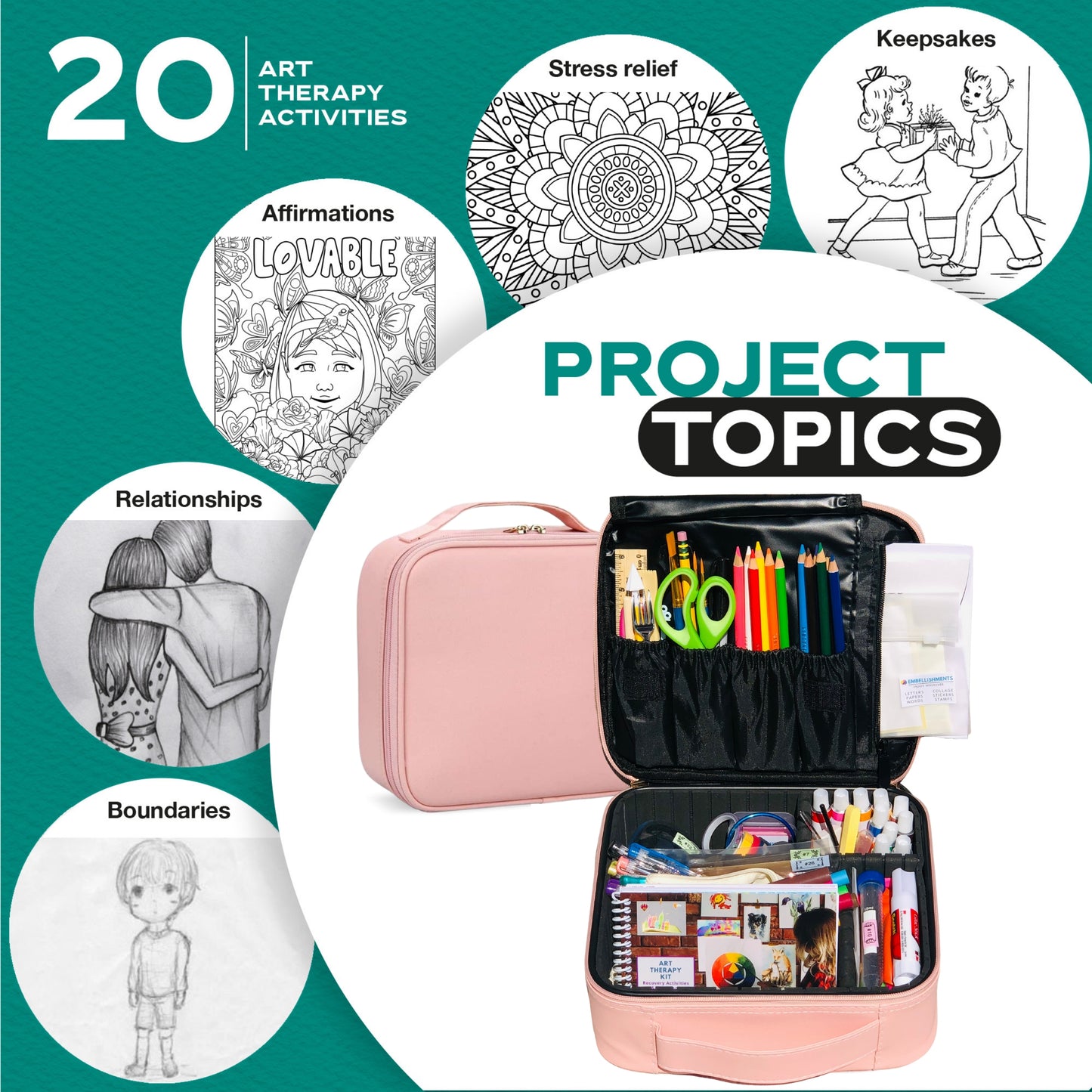 Art Therapy Activities Supplies Kit (Pink Case)