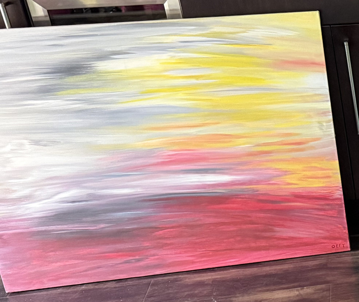 Cloudburst, original abstract painting by Oefy: soft gray, yellow, pink, and red brushstrokes on a 40x30 gallery-wrapped canvas