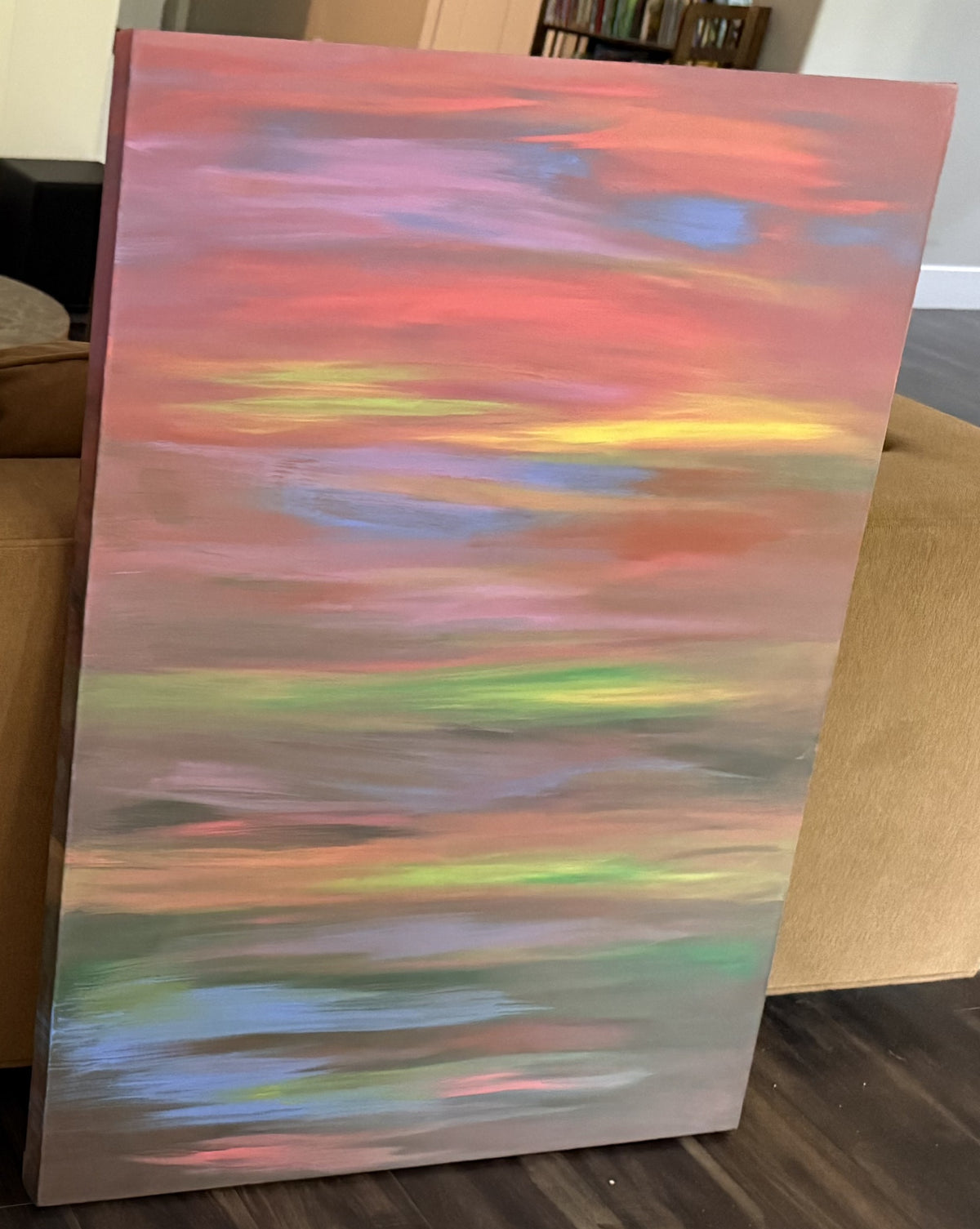 Dusk Ribbons, original abstract painting by Oefy: ribbons of coral, pink, blue, and green on a 30x40 vertical gallery-wrapped canvas