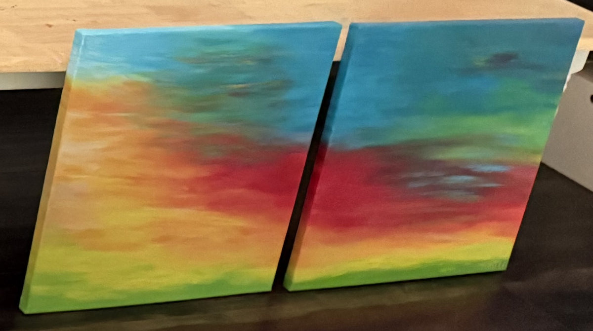 Prism Horizon, original abstract painting by Oefy: red, yellow, teal, and green bands across two 20x20 gallery-wrapped canvas panels