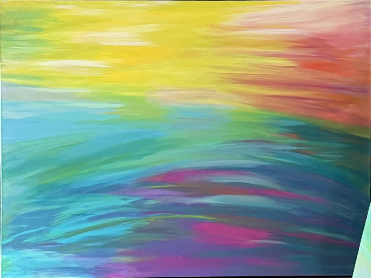 Sun is Rising, original abstract painting by Oefy: sweeping yellow, red, teal, and blue strokes on a 40x30 gallery-wrapped canvas