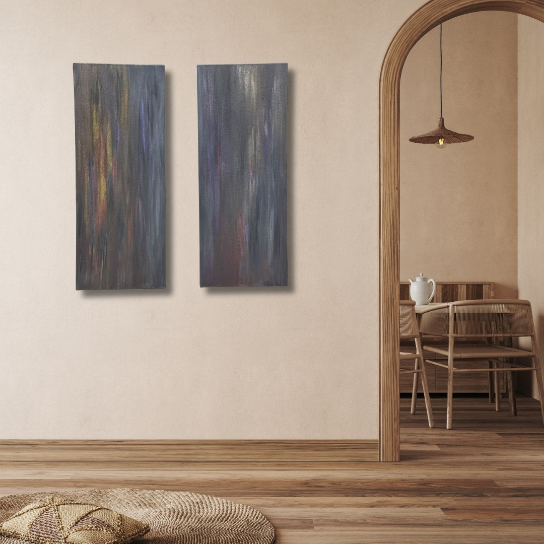 Ember Veil, original abstract painting by Oefy, hanging beside an arched doorway