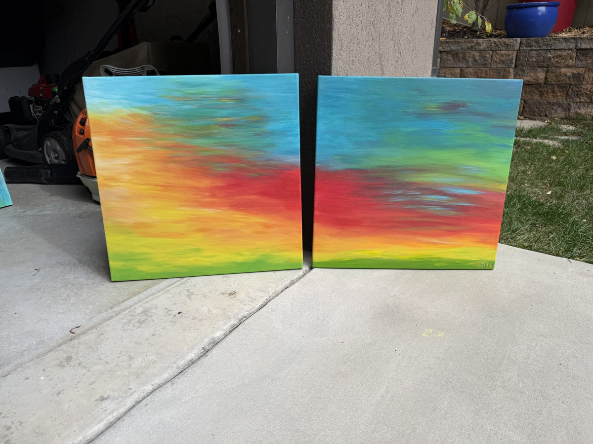 Prism Horizon, original abstract painting by Oefy, two square panels side by side