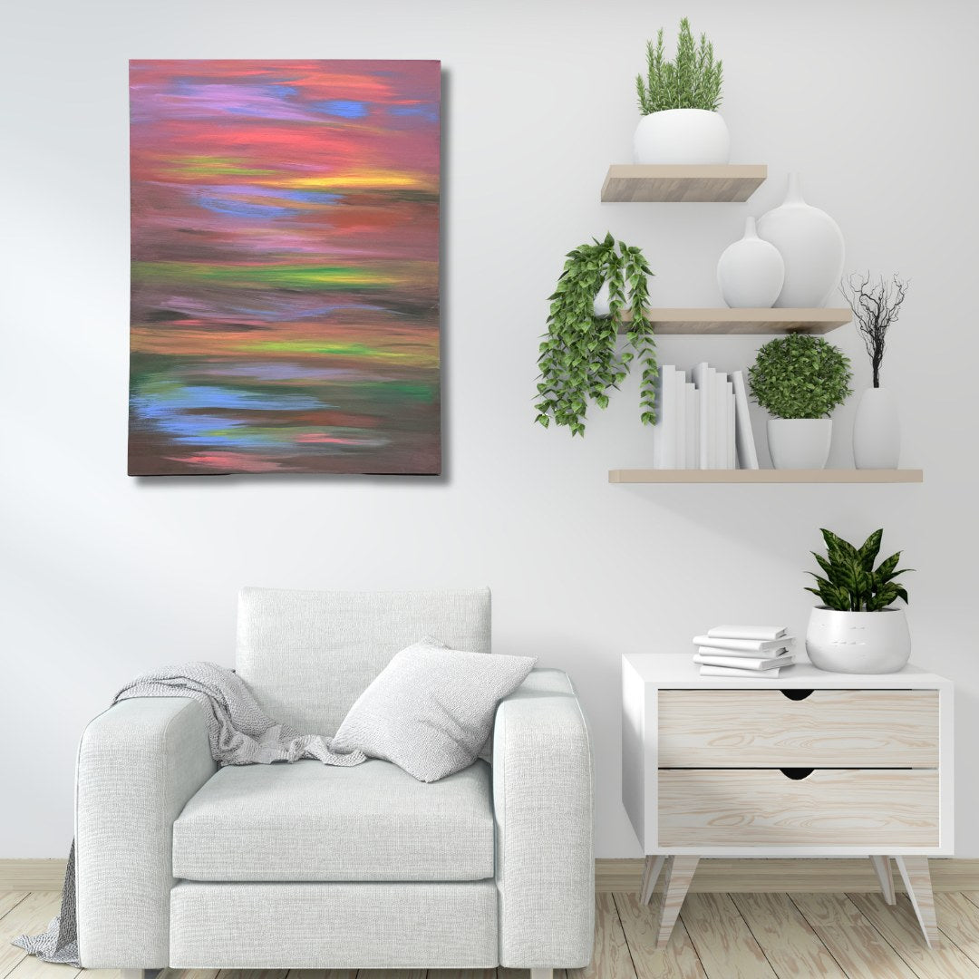 Dusk Ribbons, original abstract painting by Oefy, shown above an armchair
