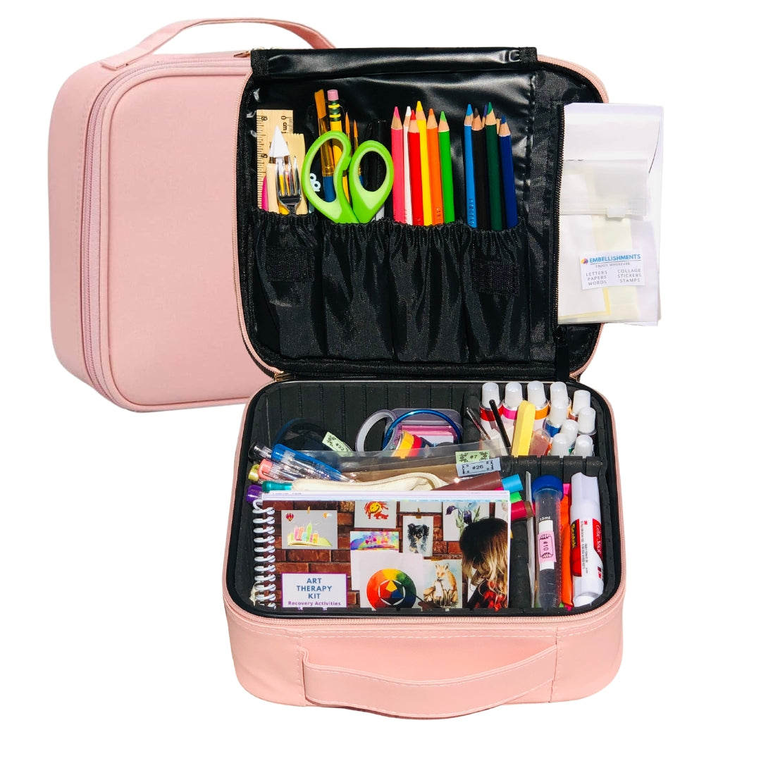 art therapy kit in pink zippered case - 20+ Expressive Art Projects to Soothe Anxiety, Calming Mindfulness, Improve Self-Awareness and Coping Skills.